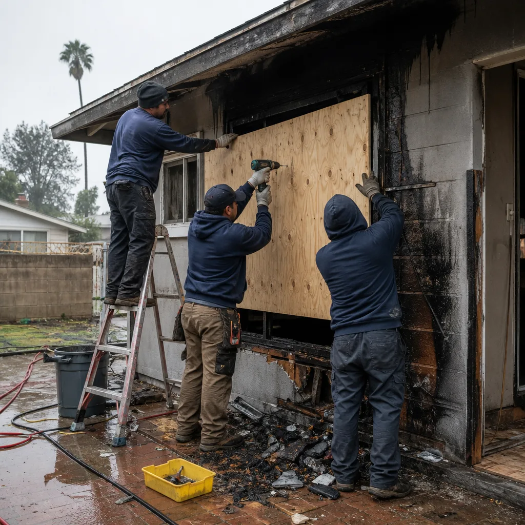 Technicians boarding up windows on a building with fire and smoke damage.