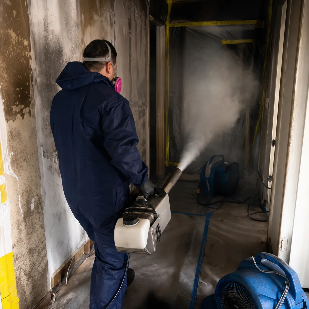 Technician using fogging machine for professional fire and smoke damage restoration