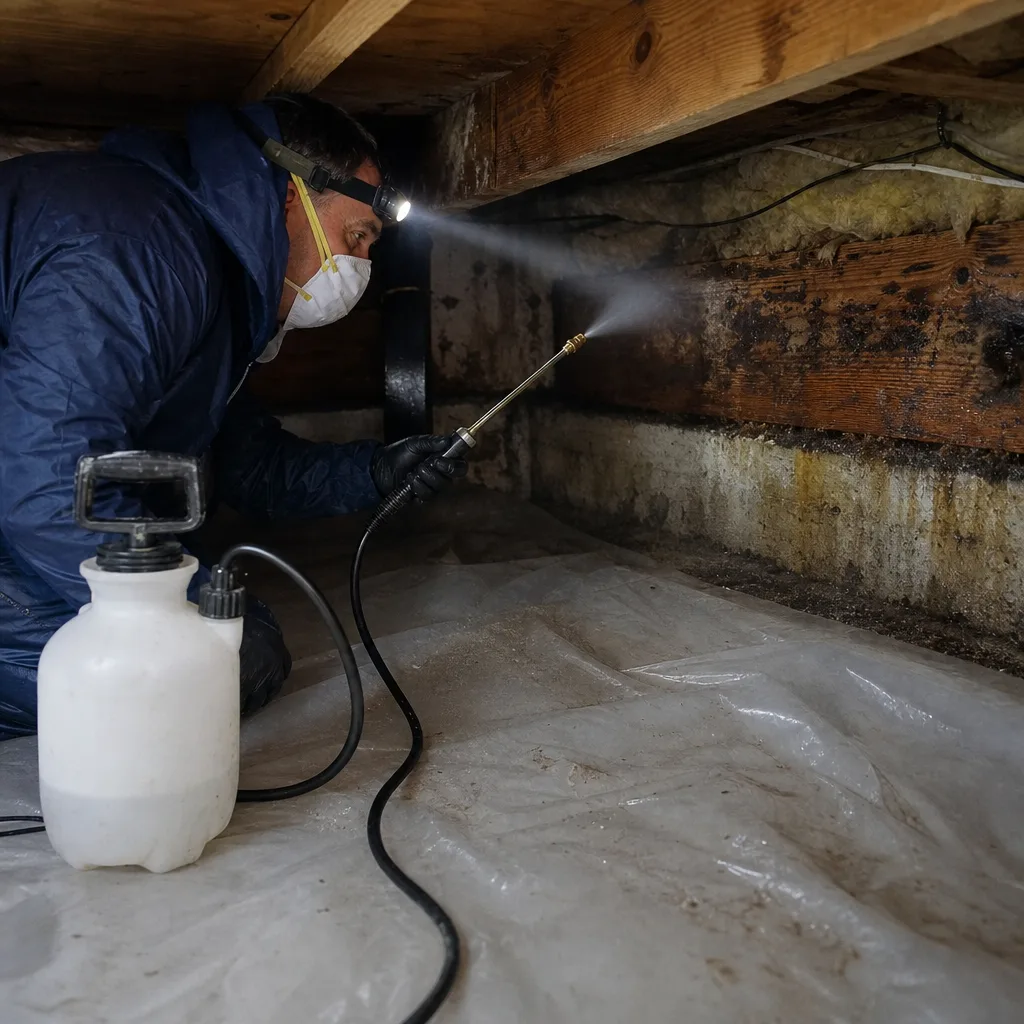 Professional technician performing mold remediation in a crawlspace