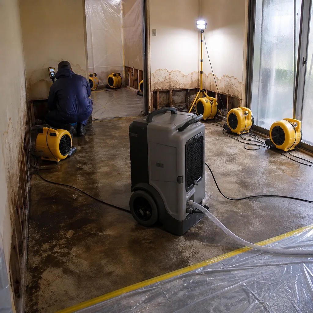 Water damage restoration professional using industrial drying equipment in a flooded home