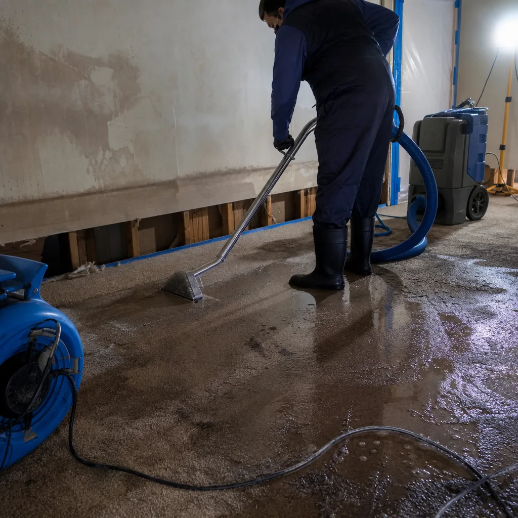 Technician using industrial water extraction equipment for flood damage restoration